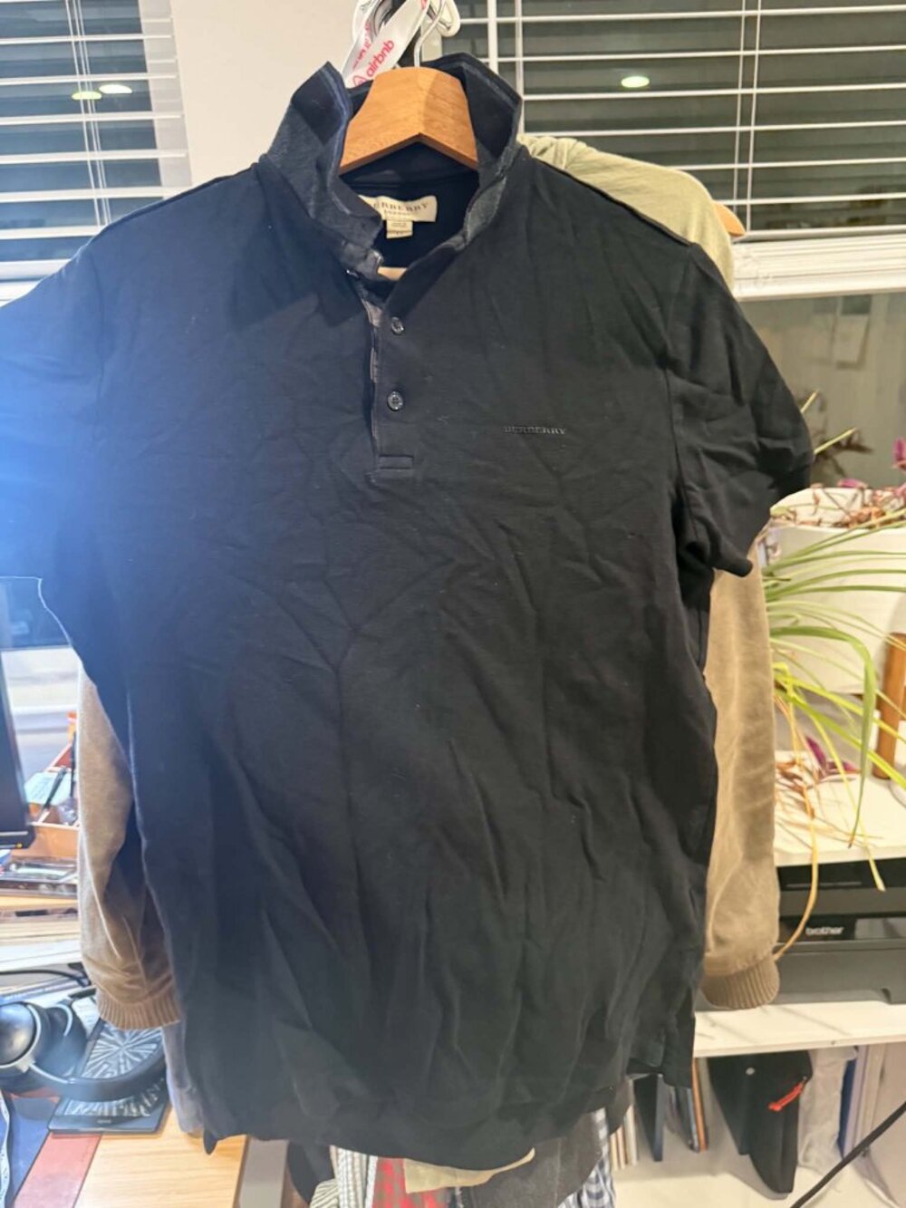 Burberry London Black Polo Shirt Embroidered Logo Check Placket M